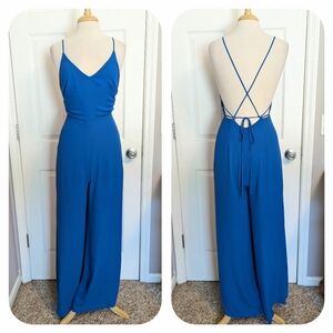 Lush Sleeveless Backless V Neck Wide Leg Jumpsuit Blue Medium
